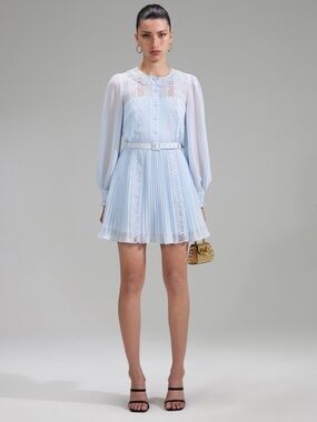Self-Portrait Light Blue Lace-Trim Pleated Mini Dress